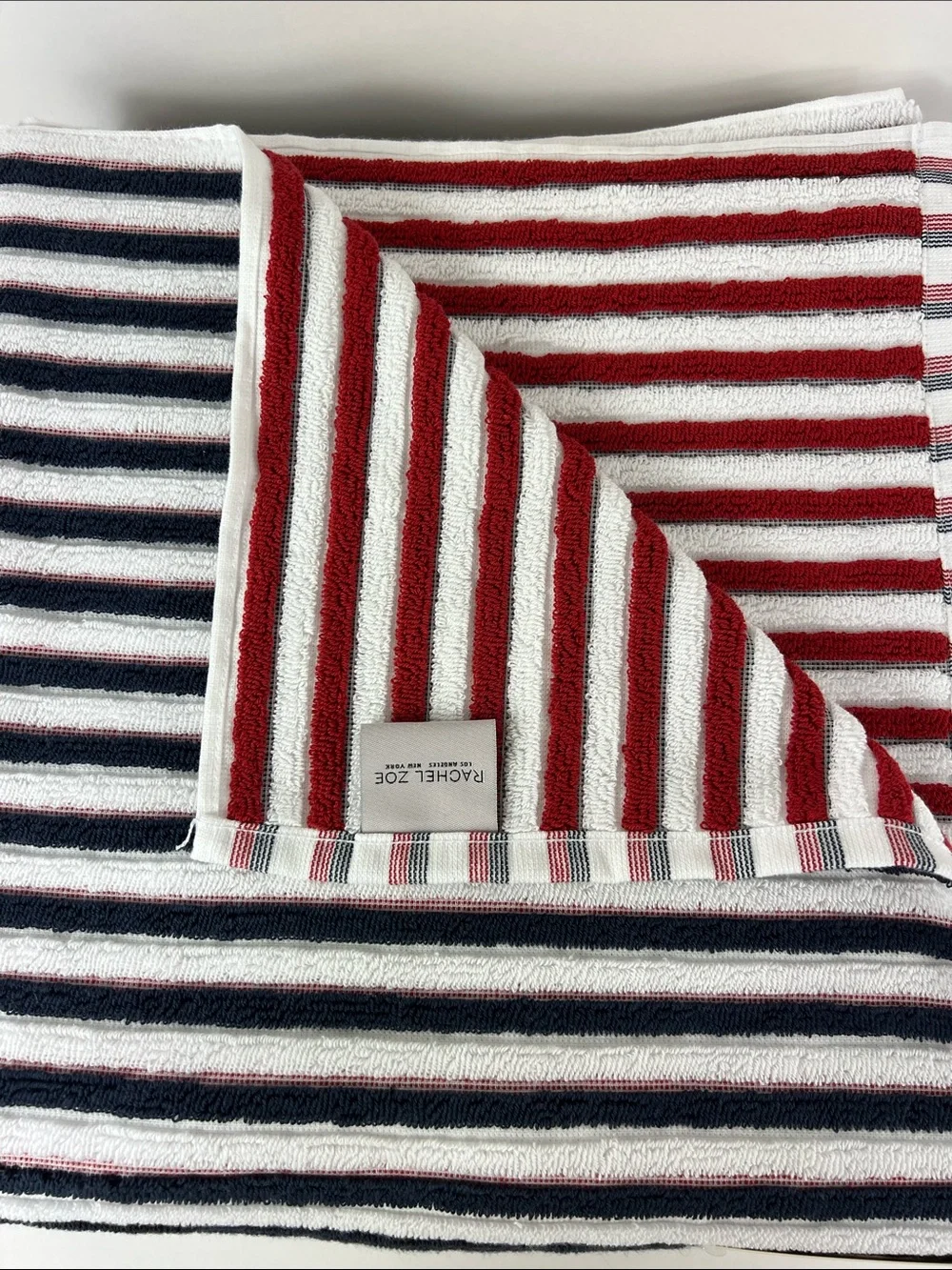 Rachel Zoe Bath Towels Reversible Navy, White and Red Striped Cotton 2 Pc NEW